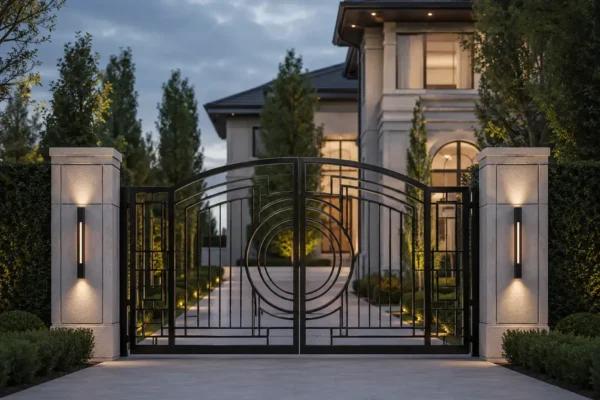 Art Deco geometric driveway gate design TM-GA-109. Arched top with concentric circle detail at the centre stile.